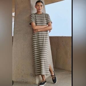 AYR The Practice Midi Shirt Dress Women’s Sz L Coastal Taupe White Stripe Casual